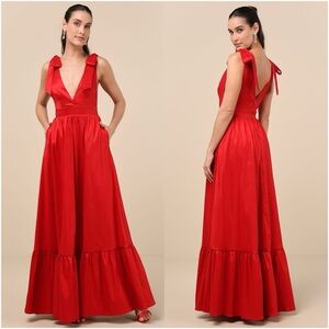 LULU’S Rare Charm Red Taffeta Tie-Strap Maxi Dress With Pockets